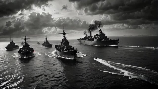 Dramatic black and white view of 2nd World War naval warships sailing in formation during sunset. The 20th-century 2nd World War in the naval war. AI-generated
