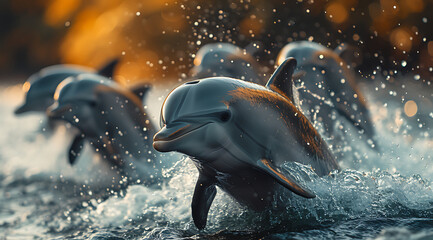 AI generated illustration of a group of dolphins swimming together in the water - obrazy, fototapety, plakaty
