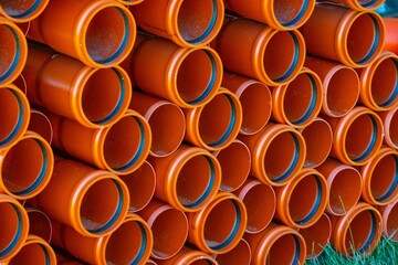 Closeup of pvc pipes on a stack on green grass