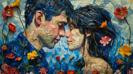 Couple in love surrounded by blooming flowers