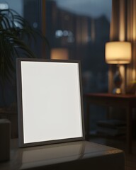 AI generated illustration of a blank picture frame on a nightstand with copyspace