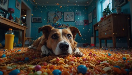AI generated illustration of a messy room with a dog surrounded by litter - obrazy, fototapety, plakaty