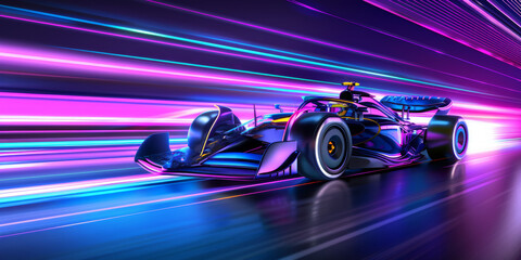 Racing car with elegant shapes on the track with a blurred background, Illustration with copy space. Concept: speed and competition - obrazy, fototapety, plakaty