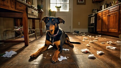 AI generated illustration of a relaxed dog on a floor surrounded by scattered papers in a room
