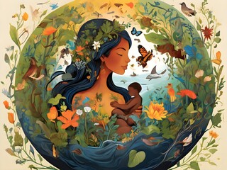 International mother earth day | April 22 |An illustration of the Earth depicted as a nurturing mother figure