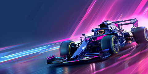 Racing car with elegant shapes on the track with a blurred background, Illustration with copy space. Concept: speed and competition - obrazy, fototapety, plakaty