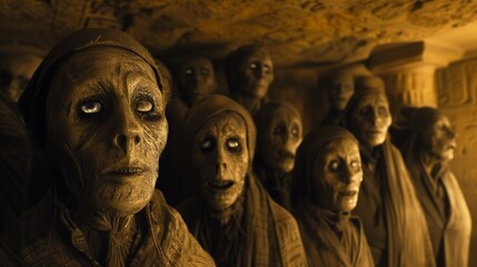 AI generated illustration of a gathering of mummies emerging from their millennia-old sarcophagi - obrazy, fototapety, plakaty