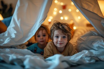 AI generated illustration of two children lying in bed underneath a whimsical curtain with lights