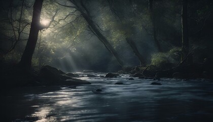 AI generated illustration of a stream in a forest with rays of sunlight streaming through the canopy