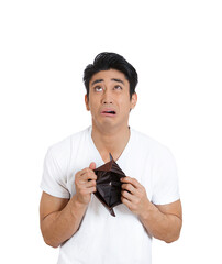 Sad desperate man with an empty wallet isolated on white background  - 781951455
