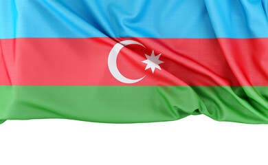 Flag of Azerbaijan isolated on white background with copy space below. 3D rendering