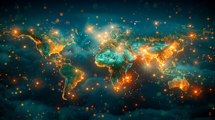 Global Connectivity: Connected World Map with City Lights