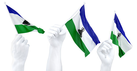 Hands waving Lesotho flags isolated on white