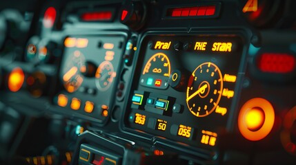 Close-up of the dashboard of a car displaying warning lights (symbols) for malfunctions, issues with the machine oil, battery, and safety belt - obrazy, fototapety, plakaty