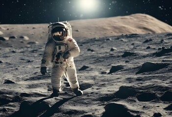 AI generated illustration of an astronaut exploring lunar surface in spacesuit and helmet - obrazy, fototapety, plakaty