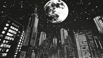 Graphic comic style, deep perspective view of the black and white nighttime city skyline with a large moon