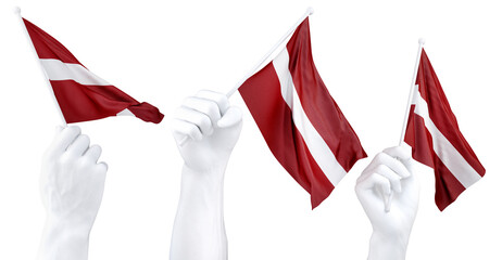Hands waving Latvia flags isolated on white