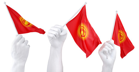 Hands waving Kyrgyzstan flags isolated on white