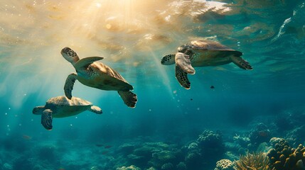 AI generated illustration of turtles gracefully swim at dawn near a vibrant coral reef in the ocean - obrazy, fototapety, plakaty
