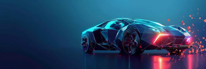 Foto op Plexiglas Modern abstract vector car in 3D. solitary against a deep blue backdrop. Illustration of a digital futuristic polygonal low poly mesh © Zahid
