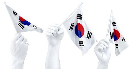 Hands waving South Korea flags isolated on white