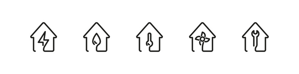 Fototapeta na wymiar House maintenance vector outline icons. Technical home repair service icon set.