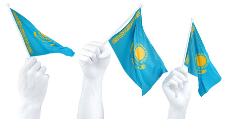 Hands waving Kazakhstan flags isolated on white