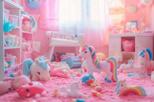 AI generated illustration of pink carpeted room with white bed and playful children's toys