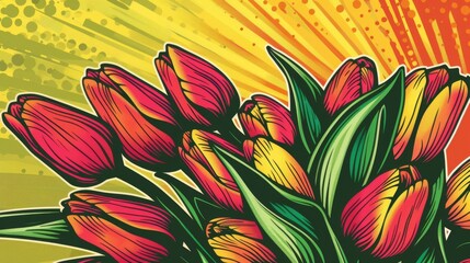Vibrant Illustrated Red Tulips on Retro Pop Art Background