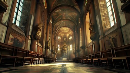 a cathedral with many benches in it's front view - obrazy, fototapety, plakaty