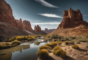 A landscape of a desert canyon with river stream in between. - obrazy, fototapety, plakaty