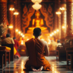 Rear view of buddhist monk in orange robe meditating in temple - 781953025