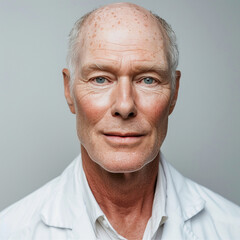 headshot of a 50 year old white medical professional. Light Neutral background, good skin