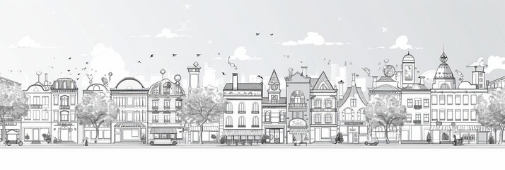 Skyline of a city rendered in line art. A landscape featuring row homes for a post office, bakery, supermarket, and cafe. Horizontal street panorama. Vector illustration 