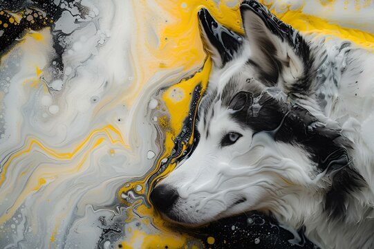a dog with an ear stuck out in water, surrounded by paint and some sort