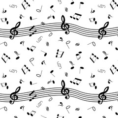 Musical signs on a white background.Vector seamless pattern with black musical notes on a white background.