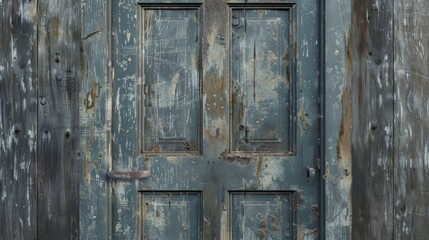 A weathered wooden door with a chipped paint surface, revealing a smooth, unpainted square in the center.
