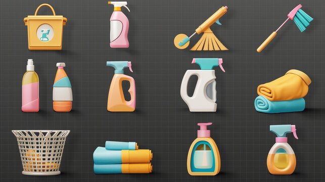 clearing the 3D icon set. Housekeeping. House cleaning services, both wet and dry. Window cleaning, dishwashing, floor mopping, laundry, and spray cleaner.  transparent background 