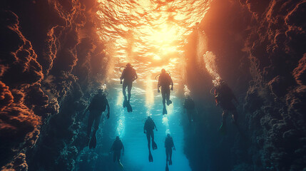Group of people learning to dive in a pure blue ocean  - obrazy, fototapety, plakaty
