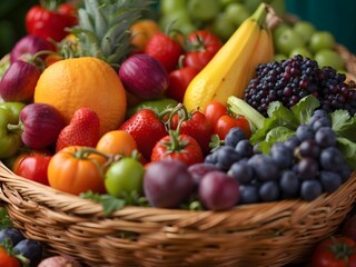 a basket with lots of fruits and vegetables in it and another bowl with a variety