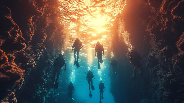 Group of people learning to dive in a pure blue ocean 