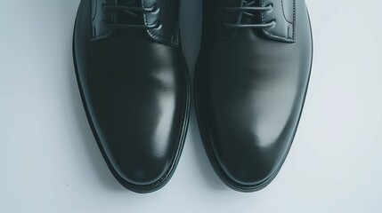 close-up Men's black shoes against a white backdrop.