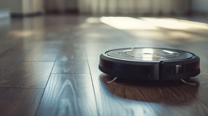 Close-up of a robotic vacuum cleaner cleaning the laminate wood floor beneath the wardrobe. Smart cleaning technology. Selective focus with copy space
