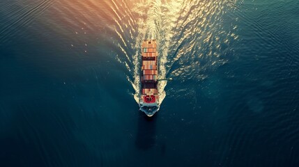 Container ship using deep sea transportation to move cargo, including Asia Pacific and Europe Mediterranean aerial shot captured by a drone - obrazy, fototapety, plakaty