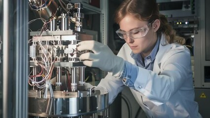 A female scientist sets up a quantum computer.