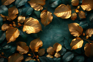 Golden leaves pattern with green background 