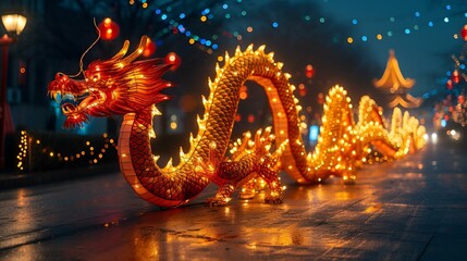 two red dragon sculptures are lit up on the street in a line - obrazy, fototapety, plakaty