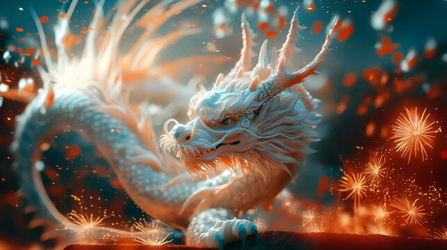 a white dragon is walking with sparks in the air behind it