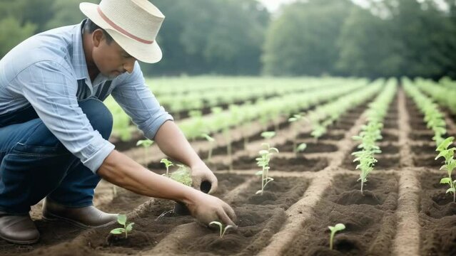 A man in a hat is tending to a field of plants. He is kneeling down and touching the plants.