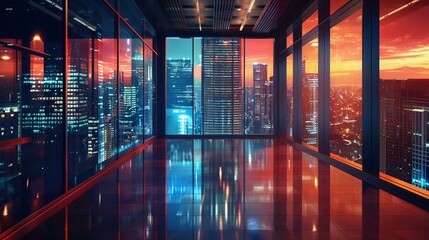 Empty office room with a view of the modern business skyscrapers and high-rise buildings at night . - obrazy, fototapety, plakaty